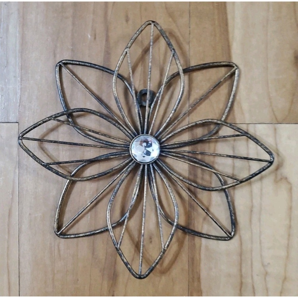 Set of 6 Shabby Chic Black Wire Layered Metal Wall Flowers Faux Diamond Center - Picture 2 of 9